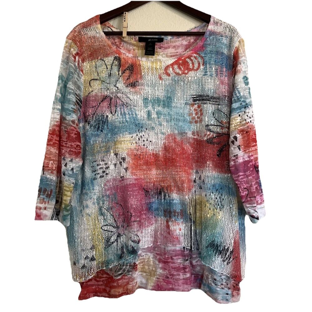 Ali Miles 3/4 Sleeve Round Neck Sublimation Abstract Artsy Layered Top SZ XL